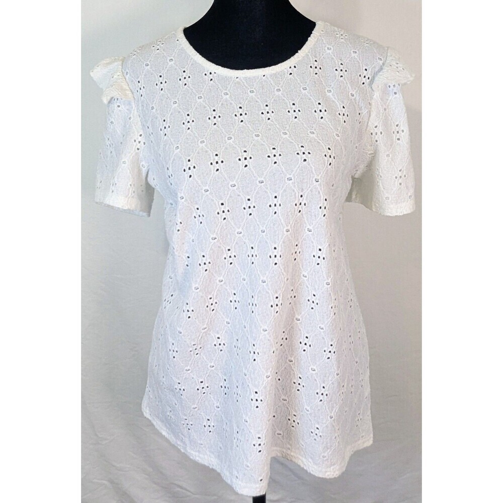 Storybuk White Eyelet Lace Ruffle Short Sleeve Top - Size Small